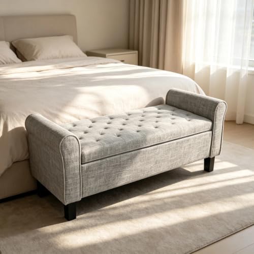 51 Inch Light Gray Linen Storage Ottoman Bench with Rolled Armrests