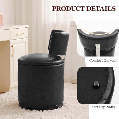 Swivel Vanity Chair with Storage, Faux Leather Makeup Stool with Higher Back for Living Room, Bedroom, Dressing, Black