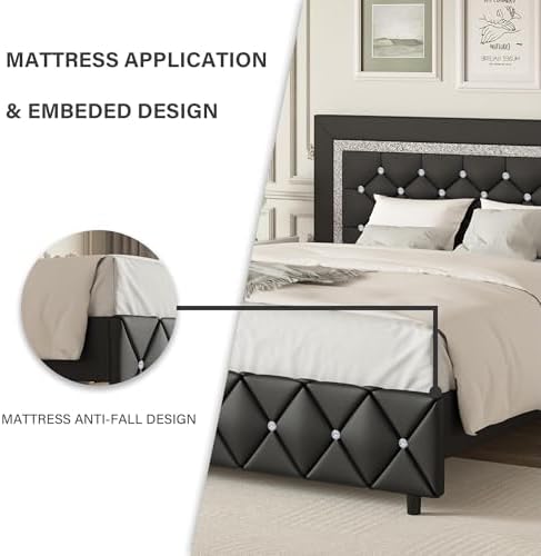 Full Size Bed Frame, Faux Leather Upholstered Bed with Diamond Headboard
