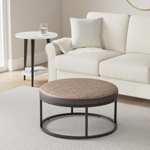 SONGMICS Home Ottoman, Round Coffee Table, Reversible Top, Steel Frame