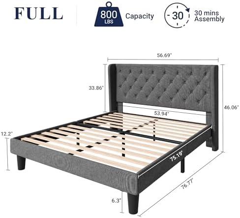 Allewie Full Bed Frame with Button Tufted Wingback Headboard, Dark Grey