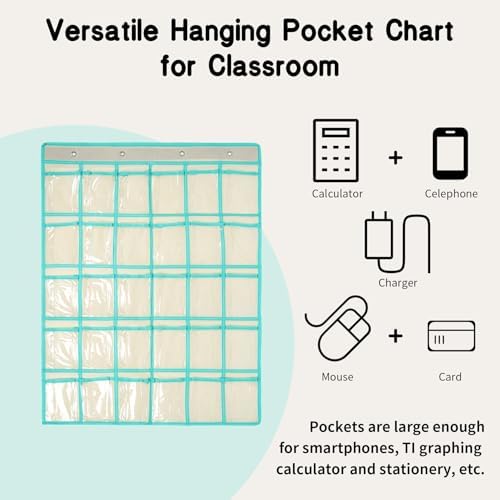 30 Clear Pockets Classroom Pocket Chart Organizer, Pocket Chart for Phone Calculator Holder, Hanging Wall Door Calculator Phone Caddy with Hooks (Beige)