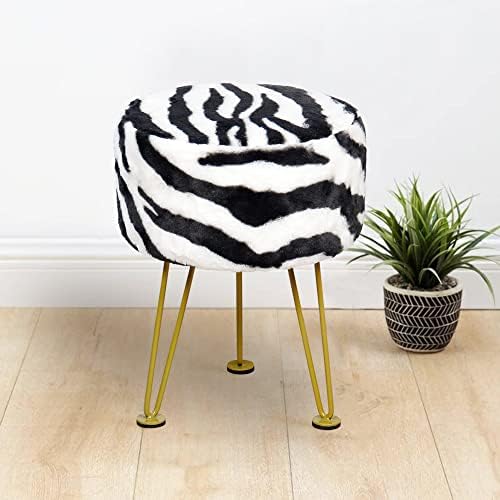 Zebra-Print Round Faux Fur Ottoman Soft Fuzzy Entryway Bench Seat, 13"x13"x17" Sturdy Accent Coffee Table for Living Room Makeup Vanity Stool with Golden Legs for Bedroom Closet Foot Rest
