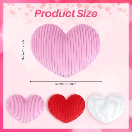 Cumule 3Pcs Valentine's Day Heart Pillows Ribbed Large Love Heart Pillows Red Ivory Pink Pillows for Valentines Day Living Room Bedroom Decor
