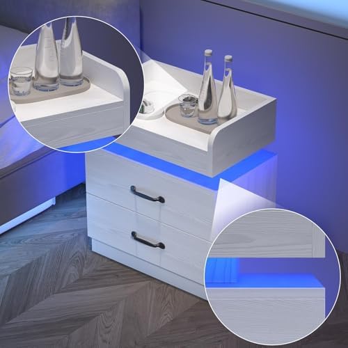 4ever2buy White Nightstand with Charging Station and LED Lights
