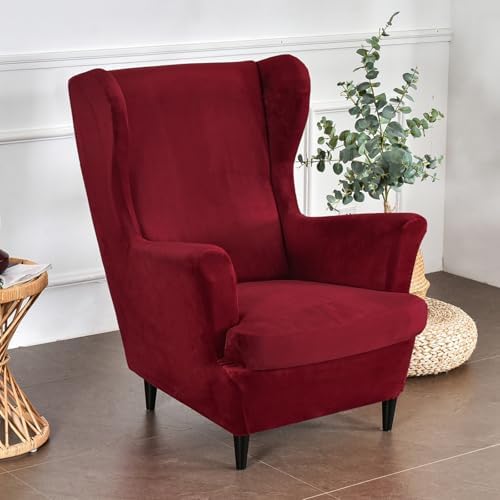 HAOYONG Velvet Wingback Armchair Covers 2-Piece Elastic Stretch Wingback Chair Sofa Slipcover Soft Wingback Chair Slipcover Washable Armchair Protector Cover for Living Room Wedding and Party