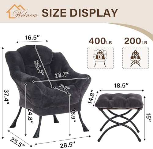Welnow Lazy Chair with Ottoman, Reading Chair with Footrest, Navy Blue