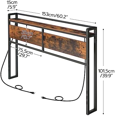 HOOBRO Headboard Queen Size, Headboard with 2 Outlets and 4 USB Ports, Adjustable Height, Storage Rack, Sturdy and Stable, Easy Assembly, Rustic Brown and Black