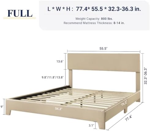 Allewie Full Size Upholstered Bed Frame Adjustable Headboard, Beige