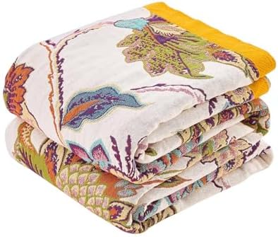 XIBLC Boho Throw Blanket 100% Cotton Vintage Blanket Muslin Woven Flower Decorative Throw Blankets All Season Bohemian Rustic Farmhouse Decor Quilt for Bed (Beige 80"x90")