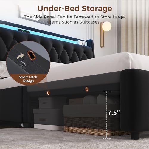 Full LED Velvet Bed Frame with 2 Storage Drawers&Hidden Headboard, Upholstered Platform Bed with Charging Station&Button Tufted Design, Wooden Slats Support, Box Spring Optional, Easy Assembly, Black