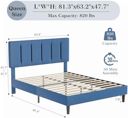 VECELO Queen Size Bed Frame with Upholstered Headboard, Dark Blue