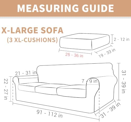 ZNSAYOTX 4 Piece Stretch X-Large Couch Covers (92"-112") New-Rectangle Texture, Thick Sofa Covers for 3 Cushion Oversized Couch Universal Sofa Slip Cover with Elastic Bottom & Buckle, Light Grey