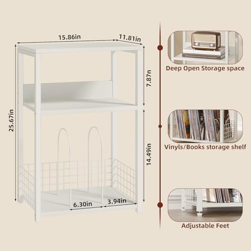 LELELINKY White Side Table,Small Printer Stand with Storage Shelf,3 Tier Industrial Bedside Tables,Vinyl Record Player Stand,Modern Sofa Night Stands for Living Room Bedroom Office Small Spaces