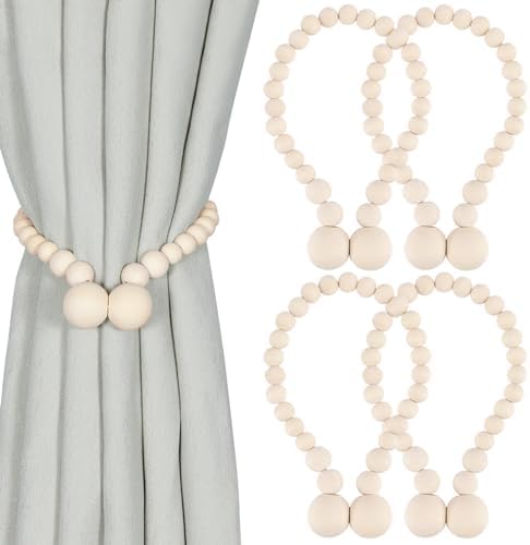 KLOGTSIND Magnetic Curtain Tiebacks, 4 Pack Wood Bead Curtain Holdbacks