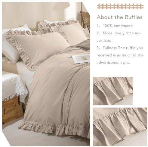 3Pcs Washed Cotton Ruffle Duvet Cover King Size,Beige Khaki Linen Like Shabby Farmhouse Vintage Boho Chic Comforter Cover French Country Rustic Ruffled Bedding Set Soft Breathable Quilt Cover Set