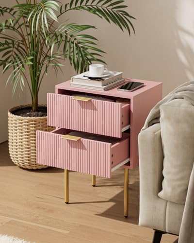 Aienvey Nightstand with 2 Drawers, Pink Stripe Night Stand and Gold Frame