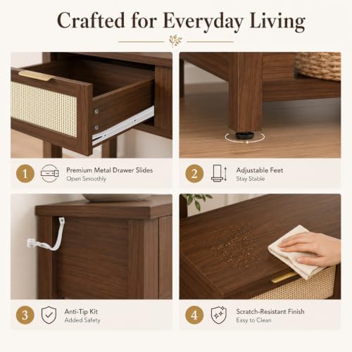 Luoxiao Console Table for Entryway with 3 Rattan Drawers Storage Open Shelf
