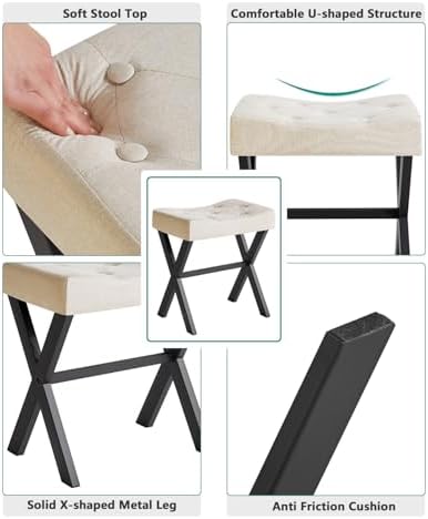IBUYKE U-Shaped Linen Vanity Stool, X-Leg Makeup Chair, Linen WBD018Y