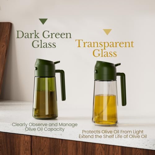 YARRAMATE Olive Oil Dispenser, 2 in 1 Oil Sprayer for Cooking, 17oz/500ml Glass Oil Spray Bottle with Pourer, Food-grade Oil Dispenser and Oil Sprayer for Kitchen, Salad, Frying (25_4pcs greenset)