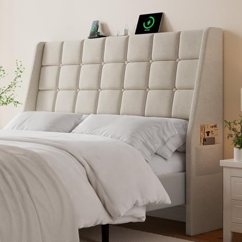 ONBRILL Ergonomic Headboard Queen Size with Charging Station, Off White