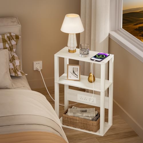 YUFAM 3-Tier Narrow Bedside Table with Charging Station, Skinny Nightstand