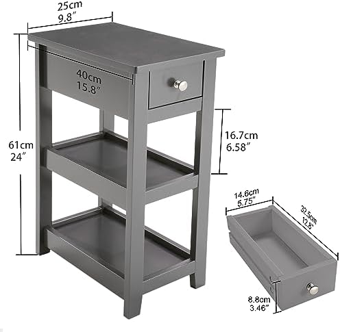 SEJOV Narrow Side Table, Small Grey End Table with Drawer and 2 Shelves