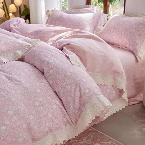 LifeTB Pink Floral Duvet Cover Twin XL, Muslin Cotton Romantic Ruffle Duvet Cover with 2 Pillowcases, Botanical Flower Soft Gauze Comforter Cover, Cottagecore Style Princess Lace Bedding Set