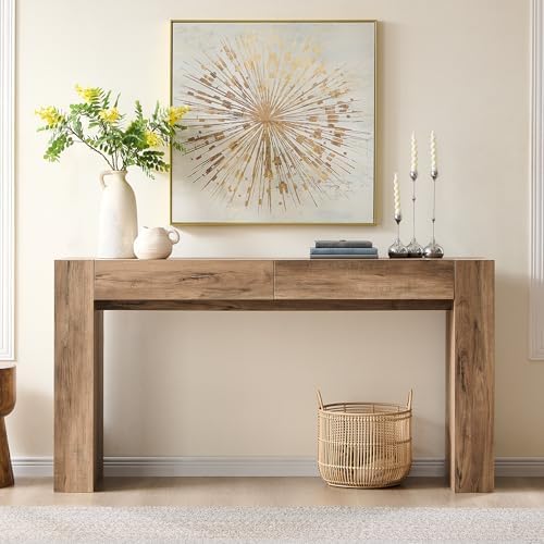 OKD 63" Console Table with Drawers, Thick Block Entryway Table, Rustic Oak