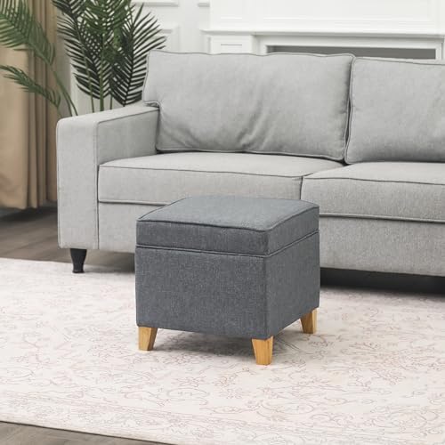 Adeco 17.5" Square Fabric Ottoman with Storage, Upholstered Cotton Linen Foot Rest, Flip Top Footstool, Small Cube Coffee Table Extra Seat for Living Room, Bedroom, Grey with Burlywood Legs