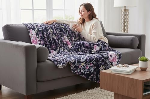 Soft Fleece Throw Blanket, Bohemian Boho Blue Floral Purple Pink, 50x70
