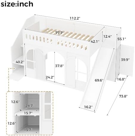SOFTSEA Twin Size Loft Bed with Slide, Storage Stairs and Wardrobe, White