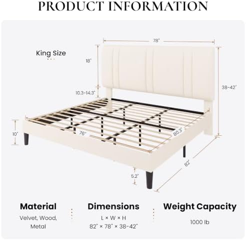 SHA CERLIN King Size Velvet Bed Frame with Adjustable Headboard, Cream