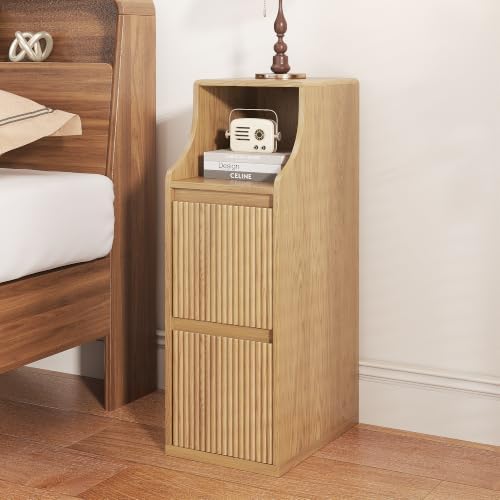 Fluted Narrow Nightstand Set of 2, Mid Century Modern Small Bedside Table with 2 Drawers, Wooden Skinny Vintage Side Table, Night Stand, Slim End Table for Bedroom, Natural