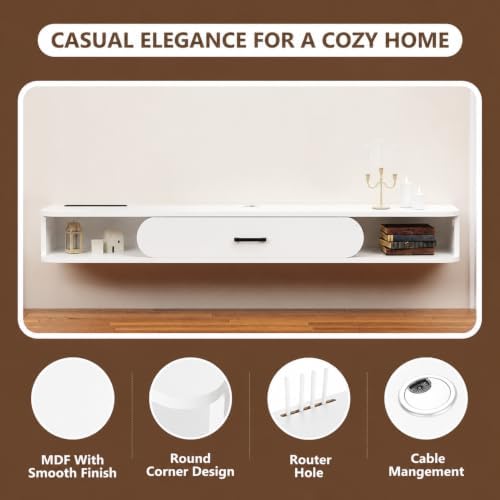 GHC Floating TV Stand, 65'' Wall Mounted TV Cabinet, Floating Shelves with Door, Media Console for DVD Player, Space-Saving Under TV Shelf for Living Room & Bedroom (White)