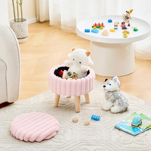 Wimarsbon Round Storage Ottoman,Footstool with Padded Seat and Wood Legs