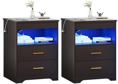 Nightstand Set of 2, Charging Bedside Table with USB & Type-C Port, LED Nightstand with Human Sensor Light, Modern End Table with Gun Drawers for Bedroom Office, Black