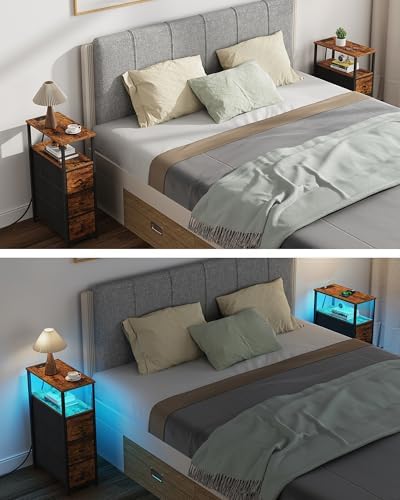 TUTOTAK Narrow LED Night Stand with Charging Station, Slim End Table