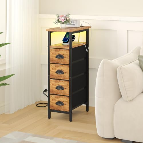 sthmec Side Table with Charging Station, Narrow End Table with 4 Drawers, LED Nightstands with Fabric Drawers,Slim Sofa Couch Side Tables for Small Spaces,Living Room,Bedroom,Rustics Brown