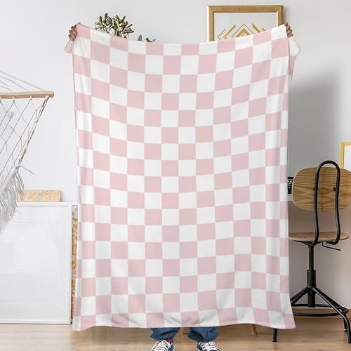 Throw Blanket for Couch,Pink White Checkered Plush Fall Throw,Princess Girls Soft Fluffy Blanket for Sofa Decoration,Flannel Fleece Blanket for Naps,Reading,Traveling,Camping,50 X 60 Inch
