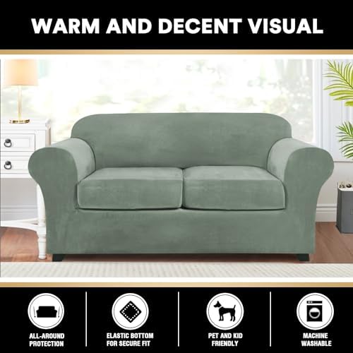 PrinceDeco Velvet Couch Cover Loveseat Covers for 2 Cushion Couch 3 Piece Sofa Covers for Dogs Washable Loveseat Covers Width Up to 72 Inch No Slip Stretch Sofa Slipcover(Medium, Seagrass)