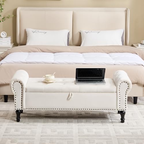 Storage Bench for Bedroom, 51" Upholstered End of Bed Bench, Velvet Queen Size Benches with Rolled Arms, Tufted Button Storage Long Ottoman, Living Room, Entryway, Beige
