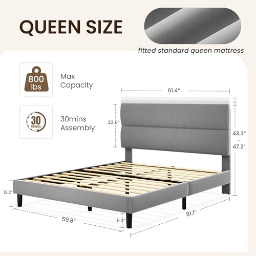 GRUSIGN Platform Bed Frame with Velvet Headboard, Adjustable Height Wooden Slats Support, Upholstered Mattress Foundation, Fits Mattress or Mattress with Box Spring, Easy Assembly, Grey, Queen