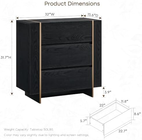 OKD 32” Large Modern 3 Drawer Dresser for Bedroom