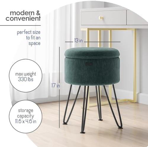 Round Ottoman with Storage, Textured Velvet Storage Ottoman, Foot Stool Ottomans, Makeup Vanity Stool, Small Ottomans Foot Rest, Modern Vanity Stools for Living Room and Bedroom, Green