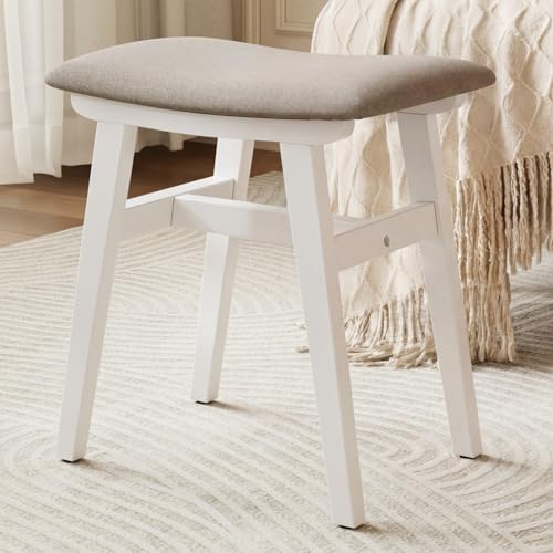 Solid Wood Vanity Stool, Padded Foot Stools Ottoman, White