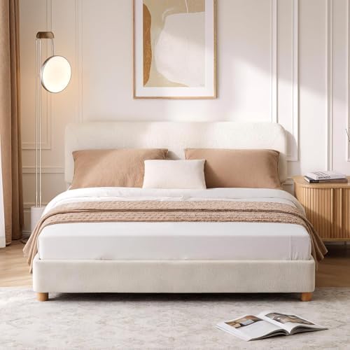 Full Size Cloud Bed Frame, Cream White Boucle Platform Bed, Upholstered