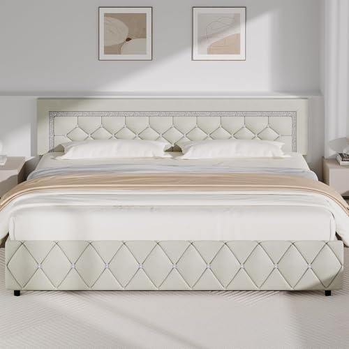 BarnFurin King Bed Frame with Diamond Tufted Headboard,Cream