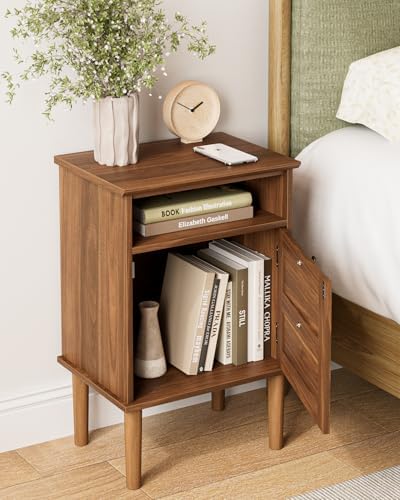 Nightstand, Boho Night Stand with 1 Drawer, Modern Side Accent Table with Open Shelf, Wooden Top Bedside End Table for Bedroom, Living Room, Walnut