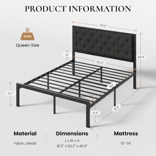 SHA CERLIN Queen Size Metal Bed Frame and Linen Tufted Headboard, Dark Gray